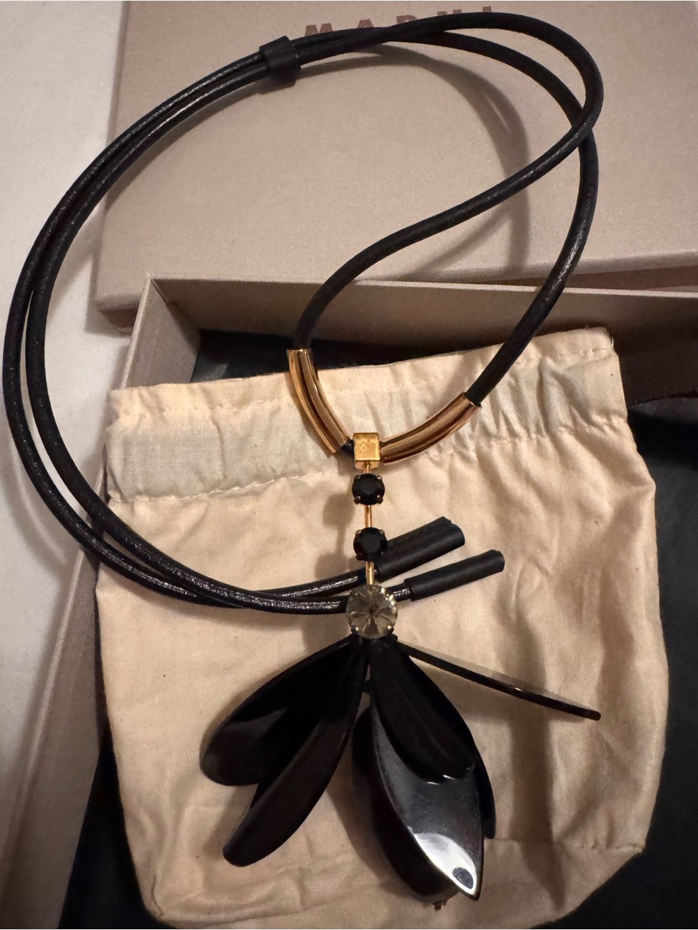 MARNI  Black leather Floral Pendant Necklace with Gold-Tone Accents - Picture 5 of 5